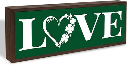 Clover Love Sign, Stylish Wooden Plaque Signs, Beautiful Home Decor, Shamrocks Wooden Box Sign, Shelf Table Mantel Decoration, Farmhouse Decor for St. Patrick's Day, 9.5x3.1x1 inches
