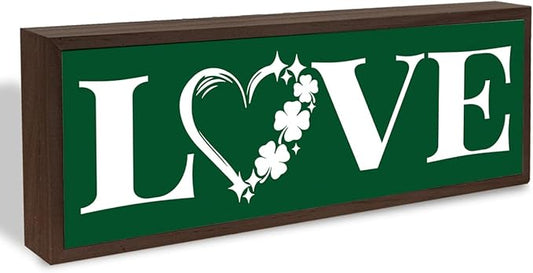 Clover Love Sign, Stylish Wooden Plaque Signs, Beautiful Home Decor, Shamrocks Wooden Box Sign, Shelf Table Mantel Decoration, Farmhouse Decor for St. Patrick's Day, 9.5x3.1x1 inches