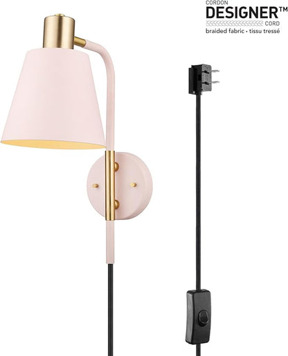 GLOBE Electric Cleo 1-Light Plug-in or Hardwire Wall Sconce, Blush Pink, Matte Brass Accents, Black Cloth Cord, Bulb Not Included (Pack of 4)