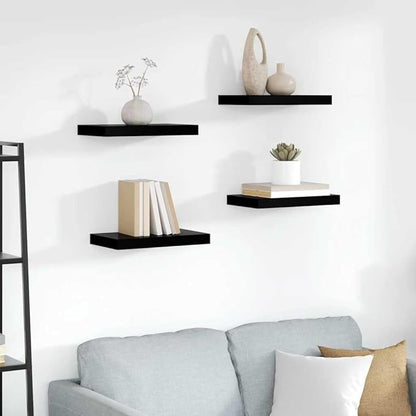Set of 4 High Gloss Black Honeycomb MDF Floating Wall Shelves Modern Display Storage for Home Office Decor