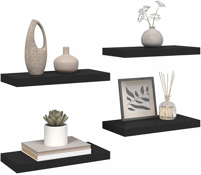 Wall Shelf Set of 4 Black Honeycomb MDF with Metal Wall Mounting, Floating Shelves for Modern Decor, Minimalist Display Storage for Books and Collectibles, Easy Installation,