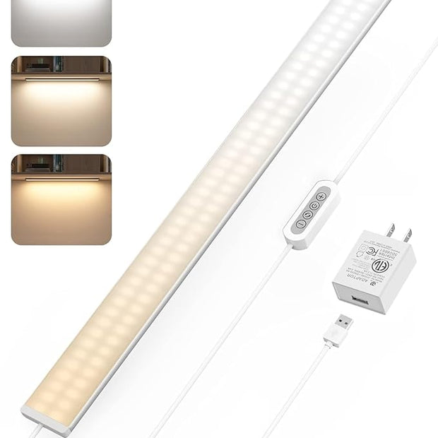ASOKO Dimmable Desk Light Strip Bar, 3 Temps Under Cabinet Lighting with Memory Function, 24inch Plug in USB Led Undercounter Light for Kitchen/Shelf/Workbench/Desk (3000K/4000K/6000K)