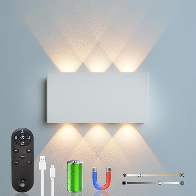 Shelprojsu LED Cordless Wall Sconce, 5200mAh Rechargeable Battery Operated Wall Lamp with Remote Control, 3 Colors and Dimmable Magnetic Wireless Wall Light (White, 1)
