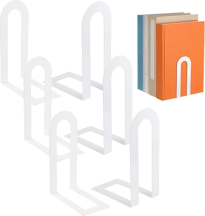 Chunful 6 Pcs Modern Metal Book Ends for Shelves Decorative Small Bookends Book Shelf Organizer Minimalist Design Stopper to Hold Books for Home Office (White,5.5 * 3.75 * 2.25inch)