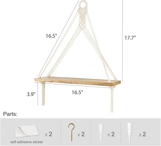 Mkono Artificial Ivy Macrame Hanging Shelves with Lights Set of 2 Boho Wall Decor Display Plants Photos Wood Floating Storage Shelf for Bedroom Bathroom Living Room Nursery Dorm Kitchen, White