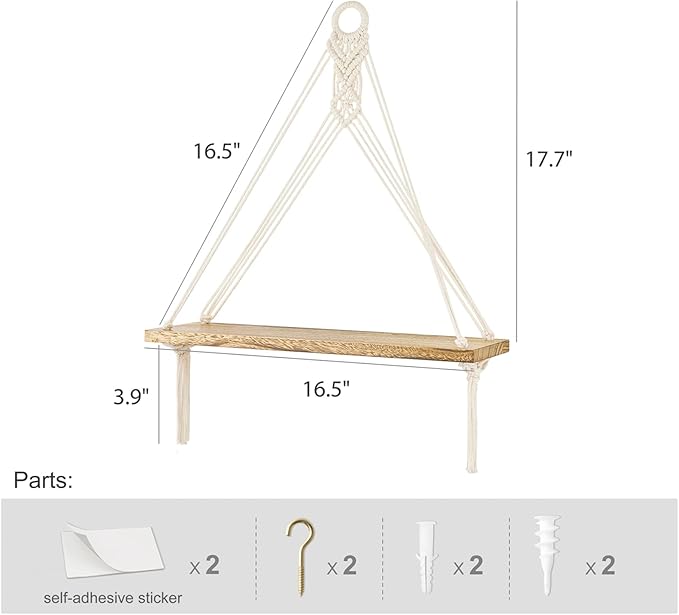 Mkono Artificial Ivy Macrame Hanging Shelves with Lights Set of 2 Boho Wall Decor Display Plants Photos Wood Floating Storage Shelf for Bedroom Bathroom Living Room Nursery Dorm Kitchen, White