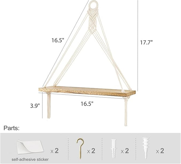 Mkono Artificial Ivy Macrame Hanging Shelves with Lights Set of 2 Boho Wall Decor Display Plants Photos Wood Floating Storage Shelf for Bedroom Bathroom Living Room Nursery Dorm Kitchen, White