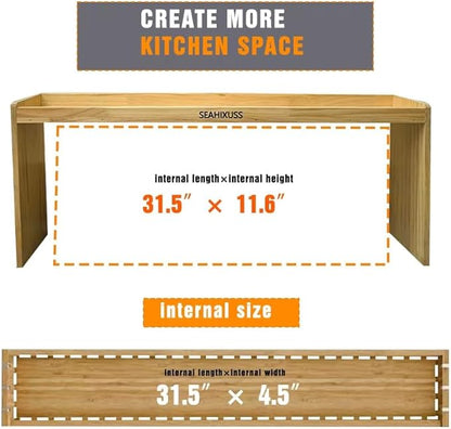 Bamboo Over the Stove Spice Shelf for Kitchen Storage, 31.5" Spice Rack Organizer Stove Top Shelf with 6 hooks, 11.4" Height Extra Oven Back Sink Countertop, Easy to Assemble