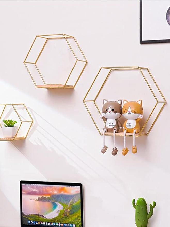 Callicarpa Geometric Hexagon Shaped Floating Shelves Set of 3 Metal Hexagon Shelves Display Shelf for Bedroom, Living Room, Bathroom, Kitchen and Office(Gold)