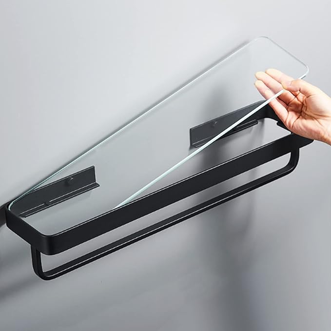 15.7" Bathroom Wall Shelf, Black Shower Caddy Shelves with Tempered Glass, Bathroom Shelves Wall Mounted, Rectangle Glass Shelf for Shower Organization and Storage (1 Tier)