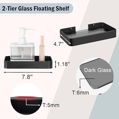 Z metnal Small Glass Bathroom Shelves, Matte Black Floating Shelf, Mini Wall Shelf Organizer, Wall Mounted (Dark Glass, 8 inch/20cm)