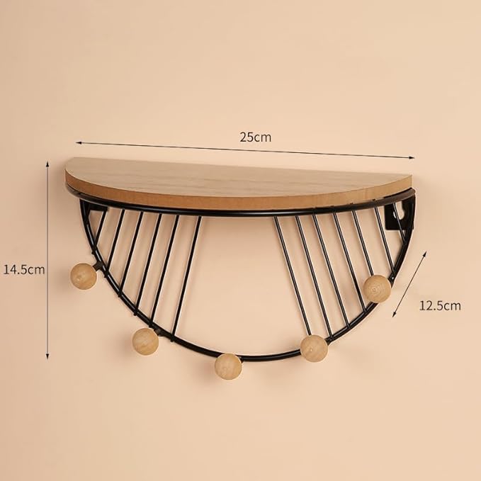 JUNY Semi-Circular Shape Floating Shelves Metal Wall Decor,Wood Wall Mounted Storage Shelf Home Decorations Art for Bedroom Living Room Kitchen Bathroom (Semicircular-Black)