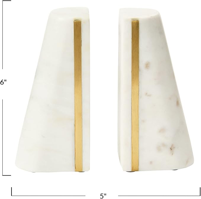 Main + Mesa Geometric Marble Bookends with Brass Inlay, White