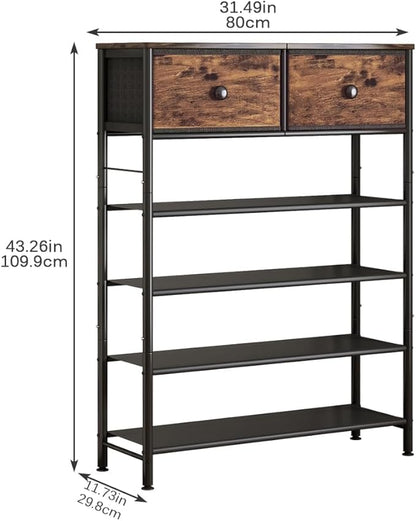 Shoe Rack Organizer 5 Tier Metal Organizer Shelf with Industrial MDF Board and Layer Fabric for Entryway Closet Bedroom Living Room Garage (Black+Rustic Brown, 5 Tier with 2 Drawers)