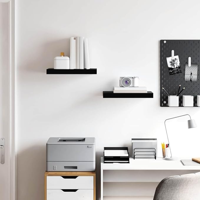 High Gloss Black Honeycomb MDF Floating Wall Shelf Set of 2 with Metal Frame for Modern Home Decor and Functional Storage