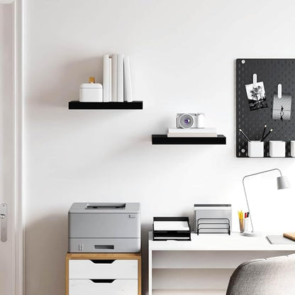 High Gloss Black Honeycomb MDF Floating Wall Shelf Set of 2 with Metal Frame for Modern Home Decor, Space Saving Wall Mounted Display Shelves for Living Room Bedroom Office