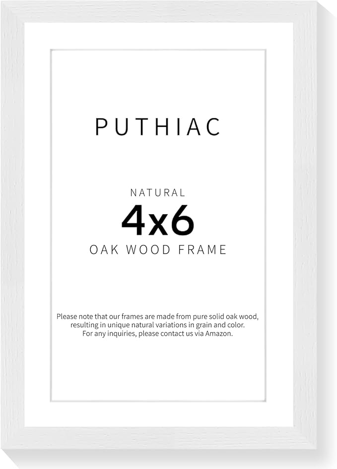 puthiac 4x6 Solid Oak Wood Picture Frame, Fits 3x5 with Mat or 4x6 Without Mat, Wall or Tabletop Display with Stand, Vertical or Horizontal, Plexi Front, 1 Pack, White