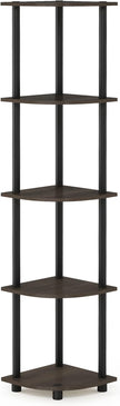 Furinno TURN-N-TUBE Corner Shelf, 5-Tier Corner Bookshelf, Open Storage Shelves, for Organization and Storage, Living Room, Home Office, Garage, Bedroom, Dark Brown Grain