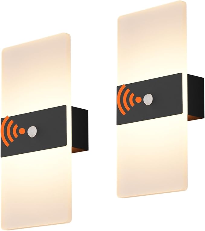 Wireless Motion Sensor Indoor Wall Sconces Set of 2, Morden Battery Acrylic LED Wall Lantern, Cordless Decorative Wall Lamps for Porch Patio Hallway Bedroom Living Room(Black)