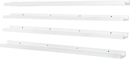 PHOENANCEE Long Floating Shelves for Wall 47 Inch,Real Wood Picture Ledge with Lip Set of 4,Photo Frame Storage Display for Living Room Nursery Bedroom Bathroom Kitchen Home Office Decor (White)