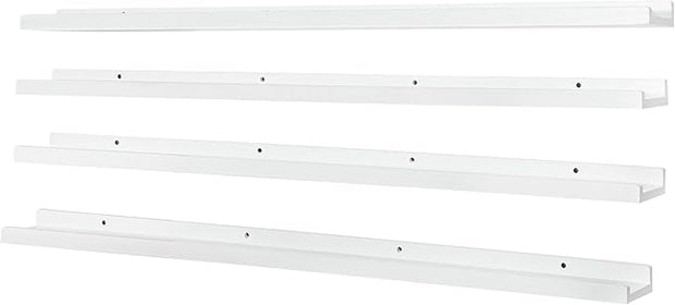 PHOENANCEE Long Floating Shelves for Wall 47 Inch,Real Wood Picture Ledge with Lip Set of 4,Photo Frame Storage Display for Living Room Nursery Bedroom Bathroom Kitchen Home Office Decor (White)