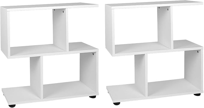 Tangkula 2 Tier Geometric Bookshelf, Freestanding Wood Display Shelf, Home Office Room Divider S Shaped Open Bookcase, Small Bookshelf for Small Spaces, Living Room, Study (White, 2)