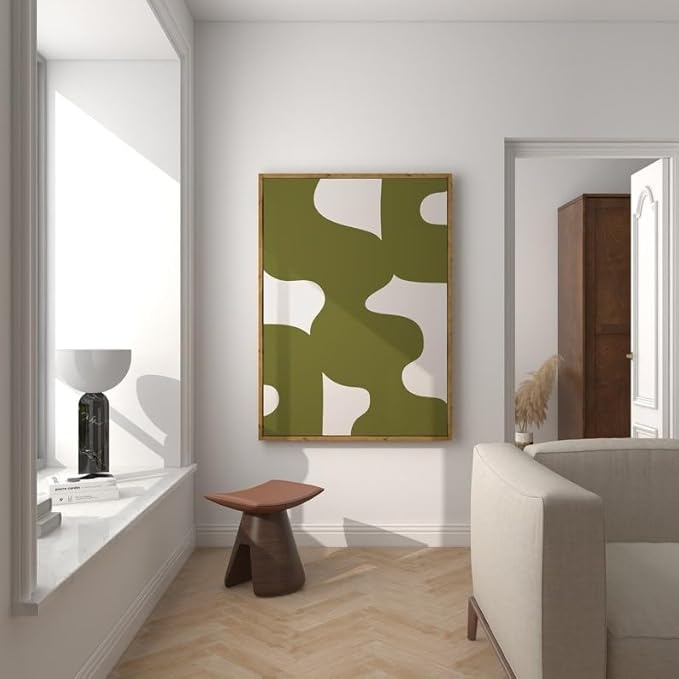 Nationcog Mid-Century Olive Green Beige Minimalist Art, Modern Wall Decor, Trendy Light Tones Easter Gift Home Accent Design (Unframed) (20x30)