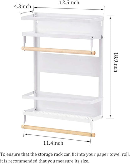 Refrigerator Magnetic Spice Rack,Foldable Kitchen Magnetic Side Storage Organizer Shelf with Wooden Holder,White