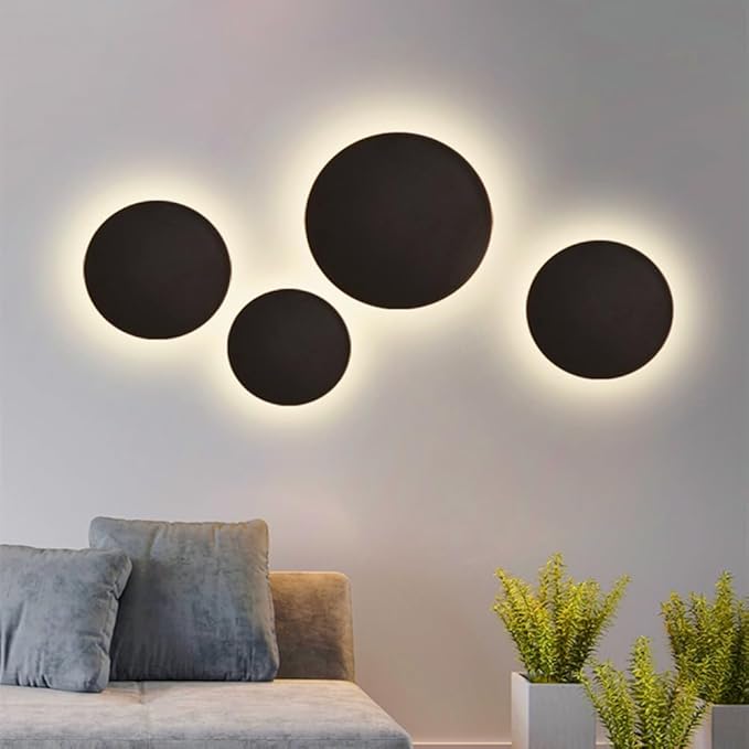 Black Modern Wall Sconce OTTOSON Round Disc Sconces Wall Lighting Metal Circular Stairwell Lighting 3000K Warm LED Wall Lights for Living Room Bedroom Stairway - 16"
