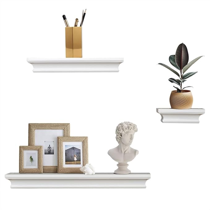 AHDECOR Versatile White Wall Mounted Floating Shelves, Stylish and Practical Home Decor and Storage in Any Room, Set of 3