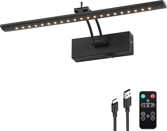 Battery Operated Picture Light with Remote, 16" Wireless LED Art Light Rechargeable 5000mAh, Dimmable Painting Light for Wall, 3000K Warm White, Adjustable Swing Arm Metal Display Light, Black