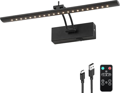 Battery Operated Picture Light with Remote, 16" Wireless LED Art Light Rechargeable 5000mAh, Dimmable Painting Light for Wall, 3000K Warm White, Adjustable Swing Arm Metal Display Light, Black