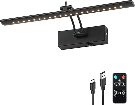 Battery Operated Picture Light with Remote, 16" Wireless LED Art Light Rechargeable 5000mAh, Dimmable Painting Light for Wall, 3000K Warm White, Adjustable Swing Arm Metal Display Light, Black