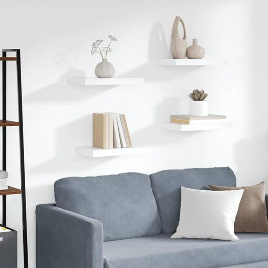 White Honeycomb MDF Metal Wall Shelf Set of 4, Modern Floating Shelves for Living Room Bedroom, Customizable Arrangement with Matte Finish and Robust Weight Capacity, Easy