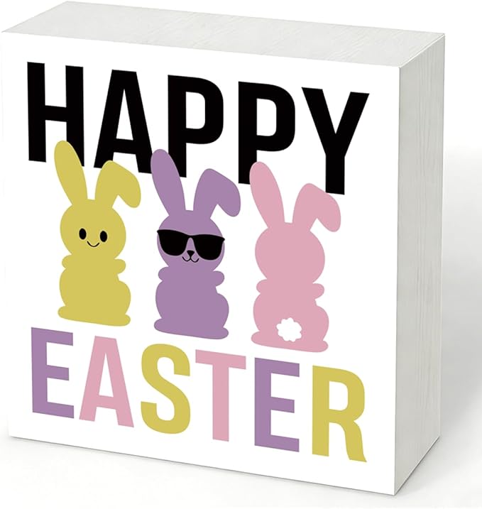 Easter Decorations for Home Happy Easter Bunny Wooden Box Sign, Funny Spring Desk Table Decor, Rustic Farmhouse Shelf Plaque, Easter Porch Party Decorations for Office Entryway Holiday Decor