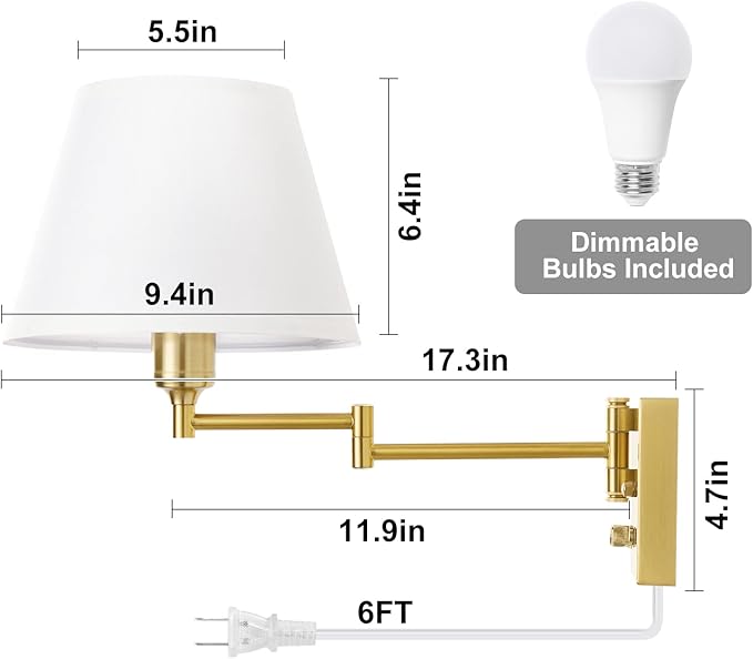 TRLIFE Dimmable Wall Sconce, Remote Control Dimming 10-100% and Adjustable Color Temperature 2700K-6500K Brushed Brass Swing Arm Wall Lights with Plug in Cord, 9.4