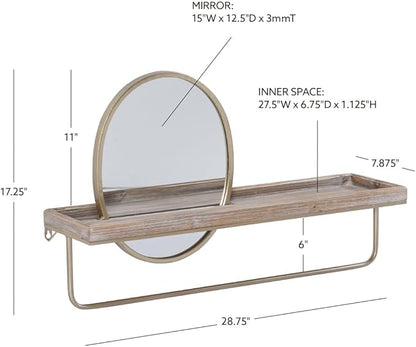 Linon Gourli Modern Farmhouse Gold Metal and Wooden Wall Shelf with Mirror