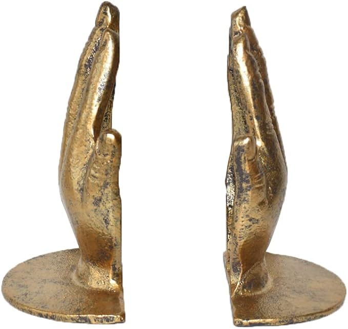 Hands Bookends, Prayer Hand Decorative Bookends Unique Gold Book Ends Heavy Duty Cast Iron Bookends for Shelves Decorative