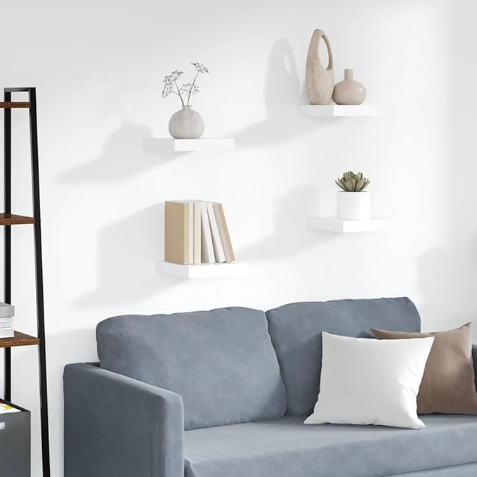 White Honeycomb MDF Floating Wall Shelf Set of 4 with Invisible Mounting, Metal Brackets, Modern Matte Finish for Home Decor and Storage