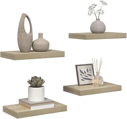 Floating Wall Shelves Set of 4 Oak Honeycomb MDF Metal Medium, Space-Saving Mounted Storage for Books and Decor, Sturdy Engineered Wood Shelving with Easy Assembly for Modern