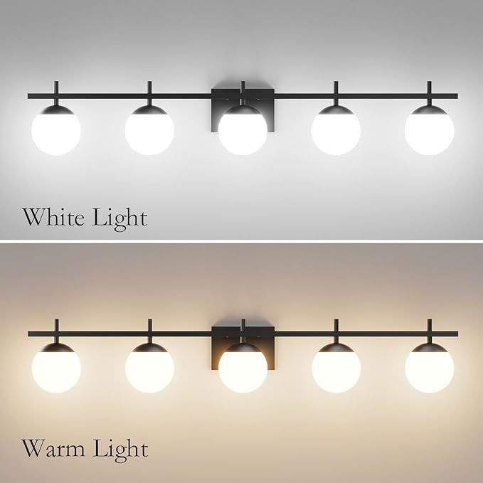 Ralbay Mid Century Modern Vanity Lights Black Milky Glass Mid Century Bathroom Vanity Lights Over Mirror, Wall Light for Bathroom Black 5 Light