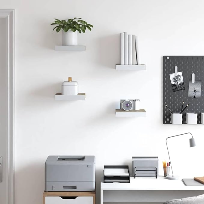 Floating Wall Shelf Set of 4, Modern Oak and White Honeycomb MDF with Metal Frame for Living Room Office Storage Display