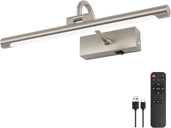 Aipsun 15.7" Nickel Picture Lights for Wall Rechargeable,10000mAh LED Battery Operated Art Light for Paintings,3CCT Dimmable, Rotatable Gallery Light for Pictures Display(Brushed Nickel)