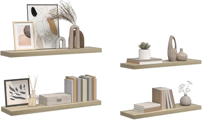 Set of 4 Oak Honeycomb MDF Floating Wall Shelves with Metal Brackets, 35.4 x 9.3 x 1.5 Inches Each, Modern Invisible Mounting for Living Room Office Display Storage