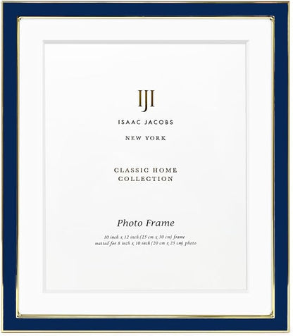 Isaac Jacobs 10x12 (Matted 8x10) Navy Enamel Picture Frame with Gold Metal Edge and Easel, Tabletop Display, Wall Décor, Photo Gallery, (10x12 (Matted 8x10), Navy with Gold)