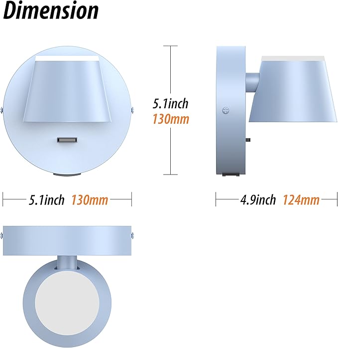 URSOLA Wall Light Set of Two, LED Wall Sconce with On/Off Switch USB Charging Port 110 Volt Hardwired Wall Lamp 350 Rotatable Up Down Sconces Wall Lighting (Blue)
