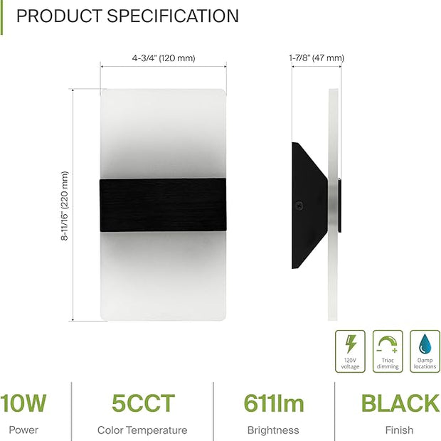 ASD LED Indoor Wall Mount Light Fixture - 8 Inch 10W Modern Interior Matte Black Dimmable Wall Sconce Light - ETL 2700K-5000K Adjustable - Hallway, Bedroom LED Wall Lights