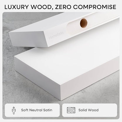 Homeforia Floating White Shelf 60 inches, High End Solid Real Wood 60inch Long Floating Shelves for Wall Mounted, White Wooden 60in Floating Shelves, Heavy Duty Bracket, 60 X 6.5 X 1.75 inch, Set of 3