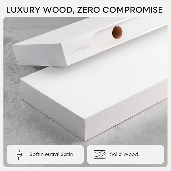 Homeforia White Floating Shelf 20 inch, High End Solid Real Wood 20inch Bathroom Floating Shelves for Wall Mounted, White Wooden 20in Floating Shelves, Heavy Duty Bracket, 20 X 6.5 X 1.75 in, Set of 2
