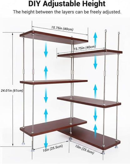 VINIUSIKI Adjustable 6 Tier L-Shaped Countertop Shelf Organizer, Kitchen Spice Rack for Countertop, Wood Coffee Counter Shelf Organizer for Home - 15.7"x15.7"x24.01" (LxWxH), Auburn